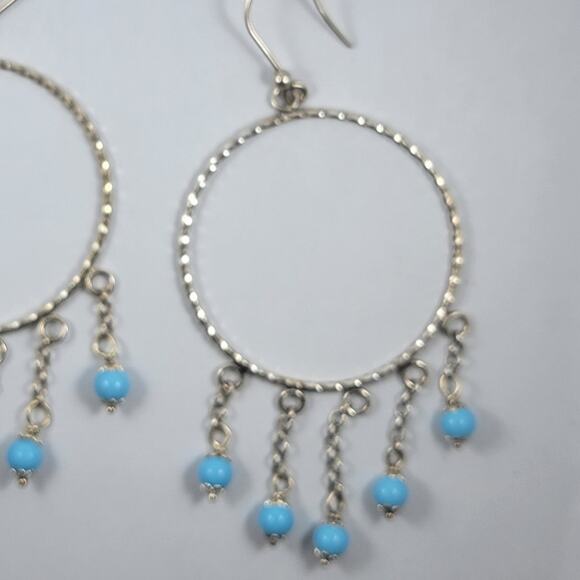 Sterling Silver Hoop Earrings Blue Beads 3 Inch Vintage Dangle Jewelry - Picture 2 of 10